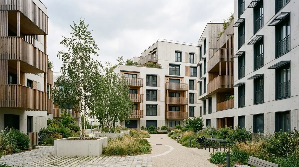 Logement social comme rempart contre la précarité — ensemble contemporain de résidences collectives avec balcons en bois et cour paysagère arborée.