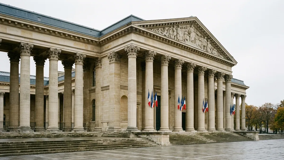 Blocage politique sur le budget de l'État — colonnade néoclassique et fronton sculpté du Palais Bourbon sous une lumière d'automne diffuse.