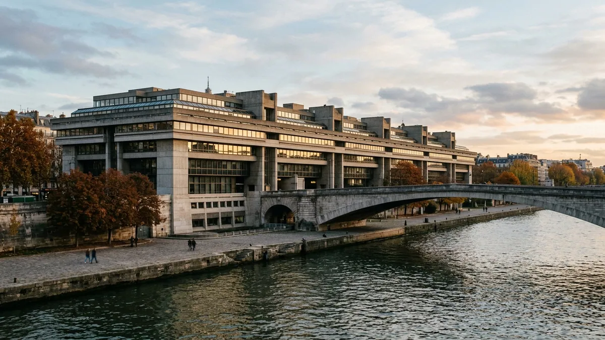 Alerte de Moody's sur la dette française — façade monumentale du ministère des Finances à Bercy et reflets sur la Seine en fin de journée d'automne.