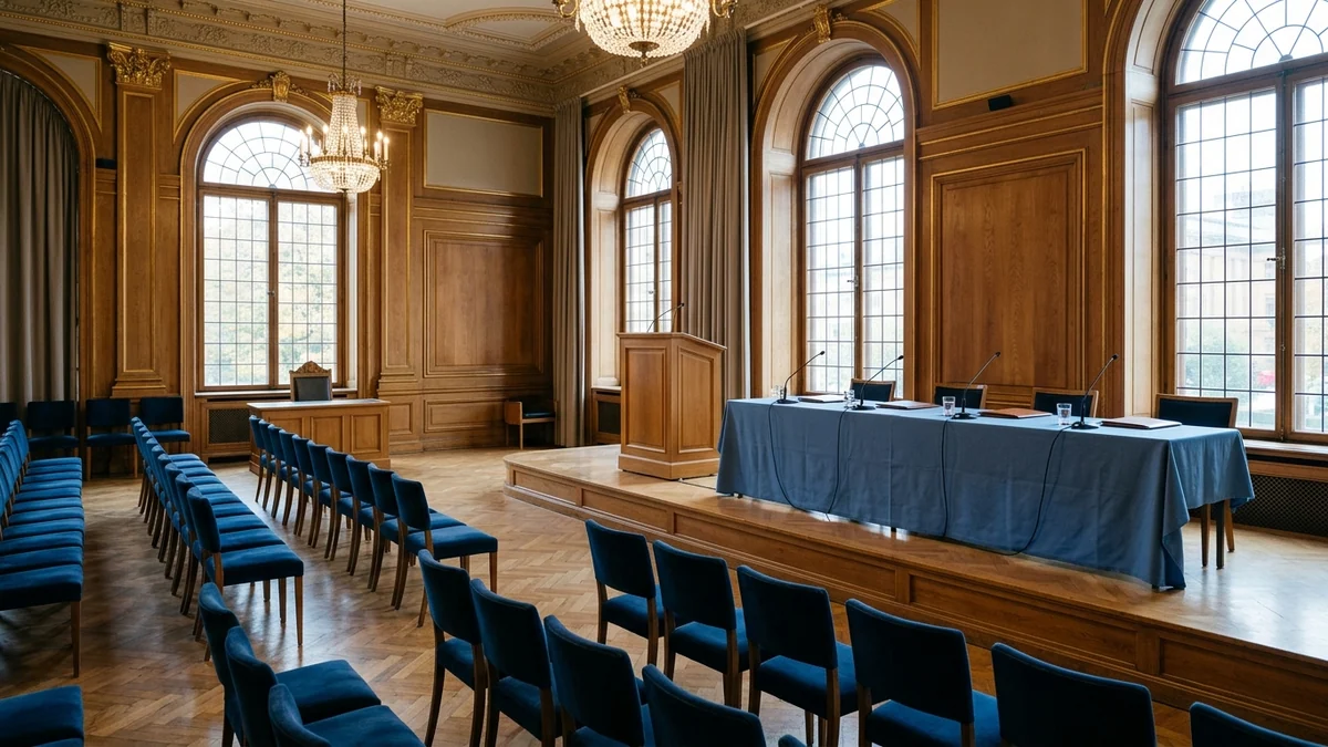 Prix Nobel d'économie 2026 — estrade en chêne, pupitre officiel et rangées de sièges en velours bleu dans la salle de l'Académie à Stockholm.