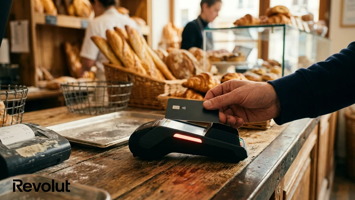 Panne Google Cloud chez Revolut — terminal de paiement en boulangerie affichant un refus lors d’un règlement par carte sans contact, avec logo officiel de la néobanque.