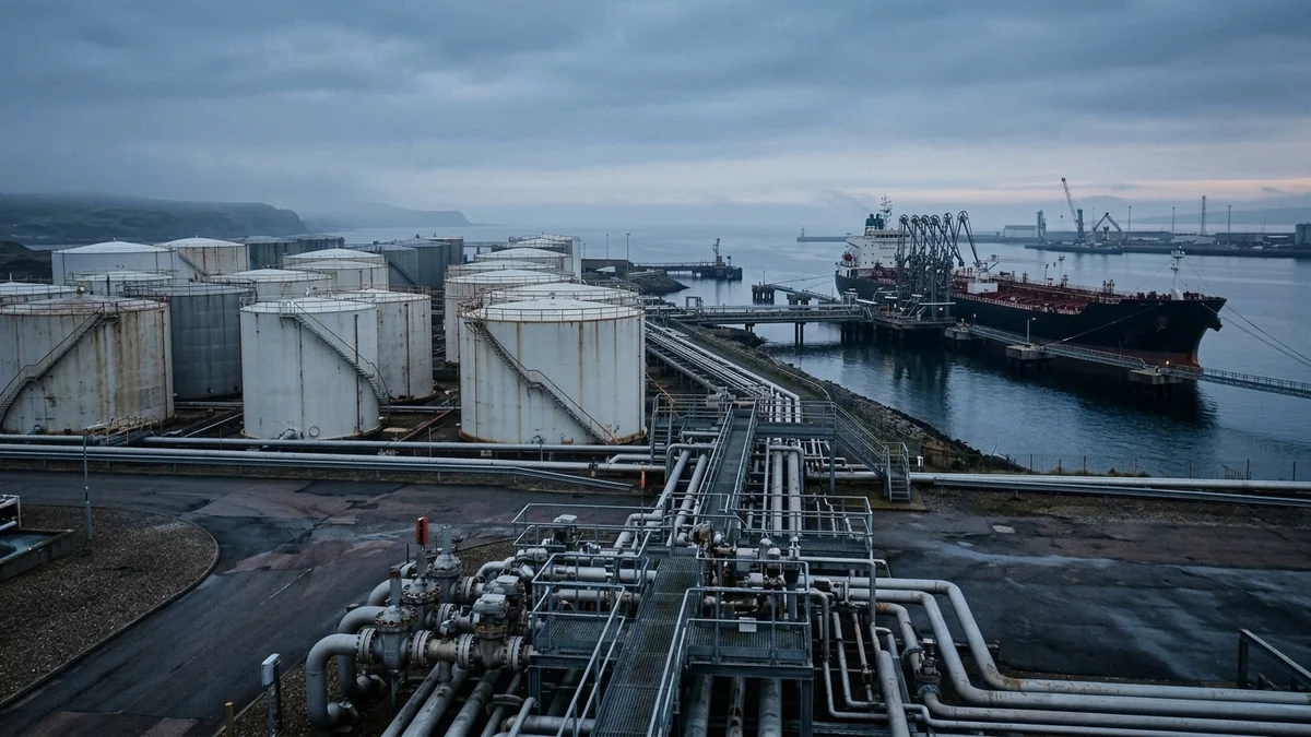 Réserves de pétrole et stocks d'urgence — cuves cylindriques blanches de stockage, canalisations industrielles et navire citerne à quai à l'aube.