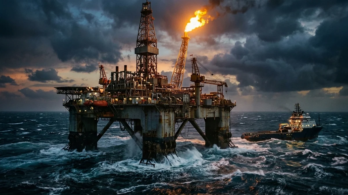 Cours mondial du pétrole après la flambée — plateforme offshore d’extraction en mer houleuse sous un ciel d’orage et torchère allumée.