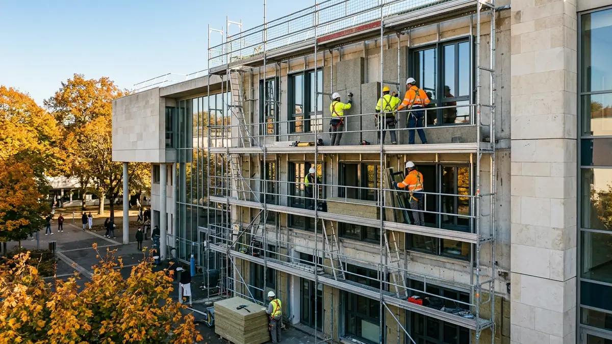 Rénovation thermique des lycées financée par l'épargne — ouvriers sur un échafaudage posant des panneaux d'isolation sur la façade d'un établissement scolaire sous la lumière d'automne.