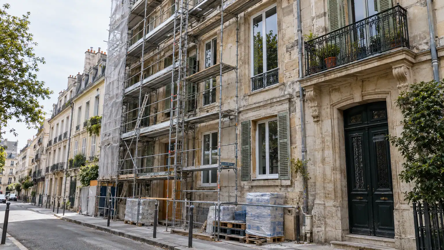 Plan Jeanbrun pour l’investissement locatif ancien — façade d’un immeuble français en rénovation énergétique, avec échafaudage, fenêtres neuves et entrée résidentielle.