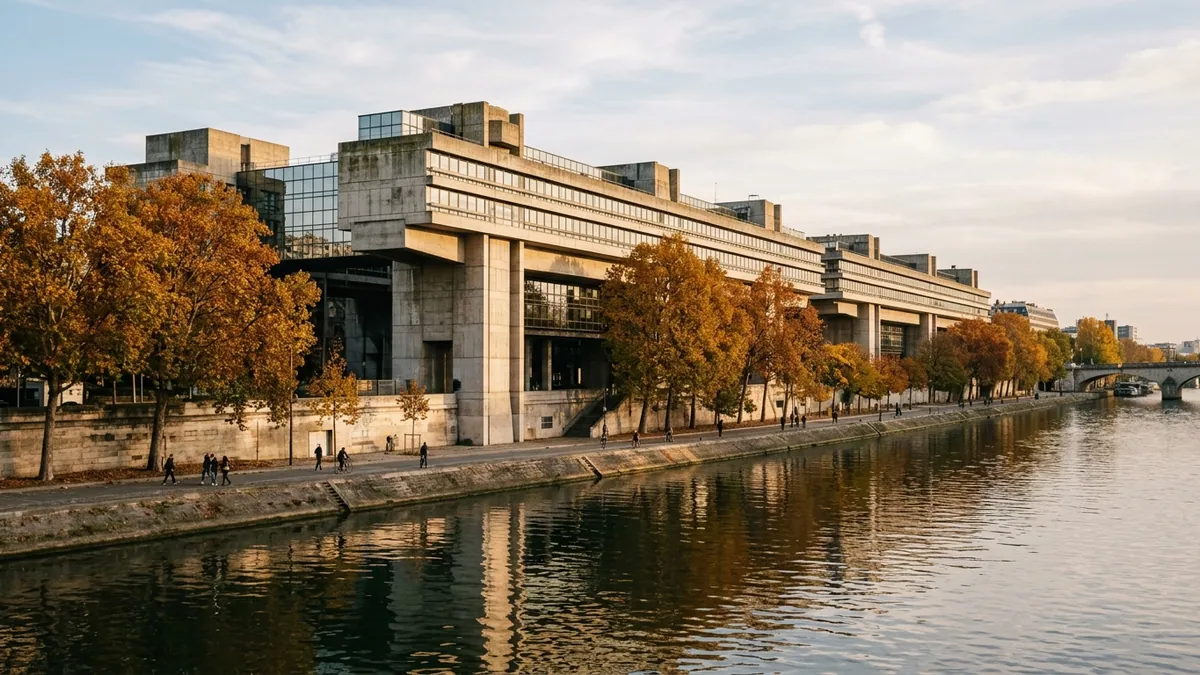 Bercy et financement des lycées — façade du ministère de l'Économie et des Finances au bord de la Seine sous une lumière d'automne à Paris.