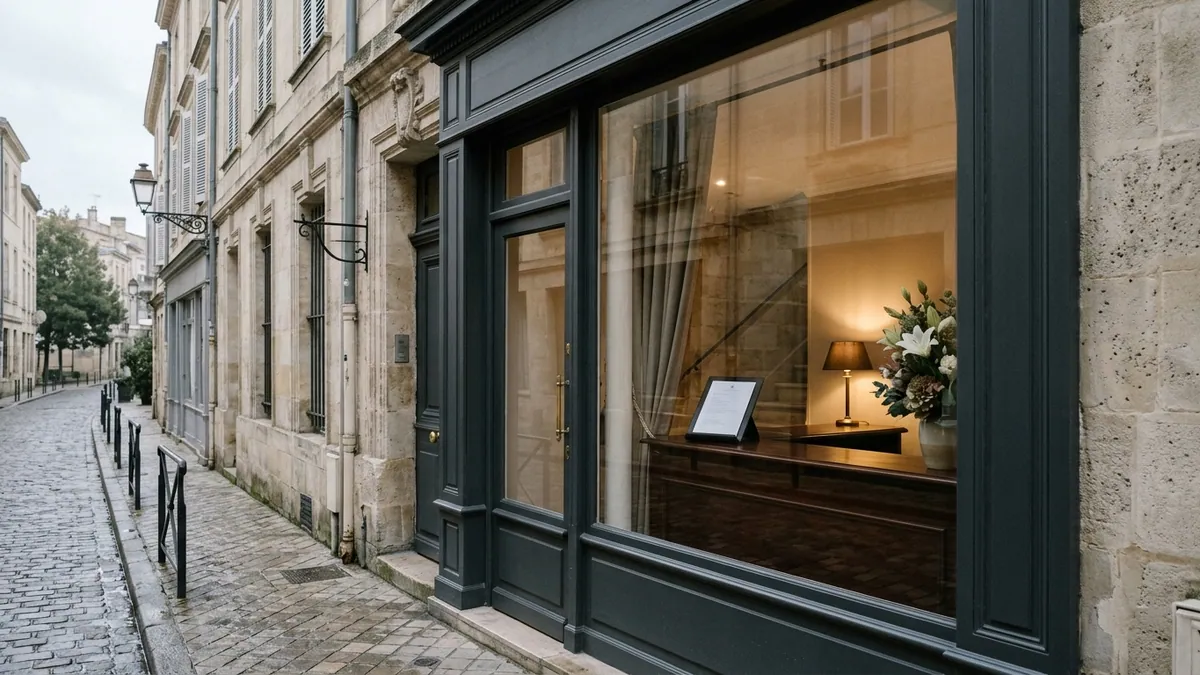 Pratiques abusives des pompes funèbres — devanture en pierre d'une agence funéraire française, porte vitrée et espace d'accueil visible en lumière naturelle.