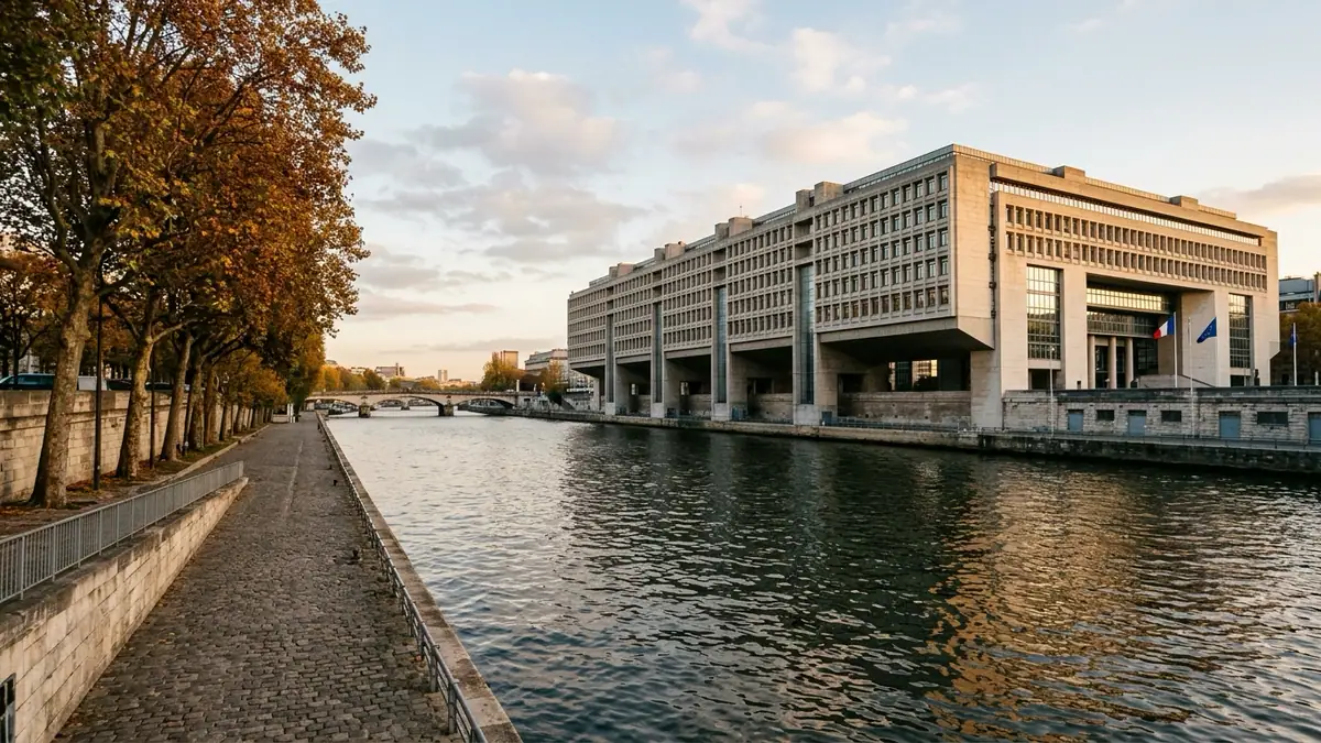 Prélèvements obligatoires en France — bâtiment du ministère de l'Économie et des Finances à Bercy au bord de la Seine sous une lumière dorée d'automne.
