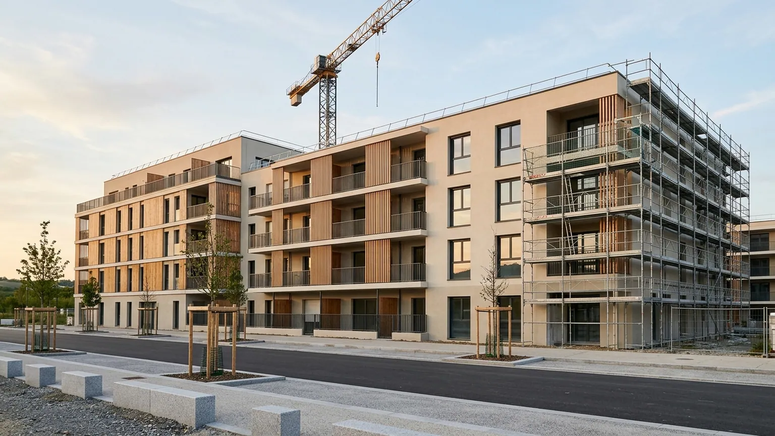 Prêt à taux zéro pour les familles — chantier d’un immeuble résidentiel collectif neuf en fin de journée avec grues et échafaudages légers.