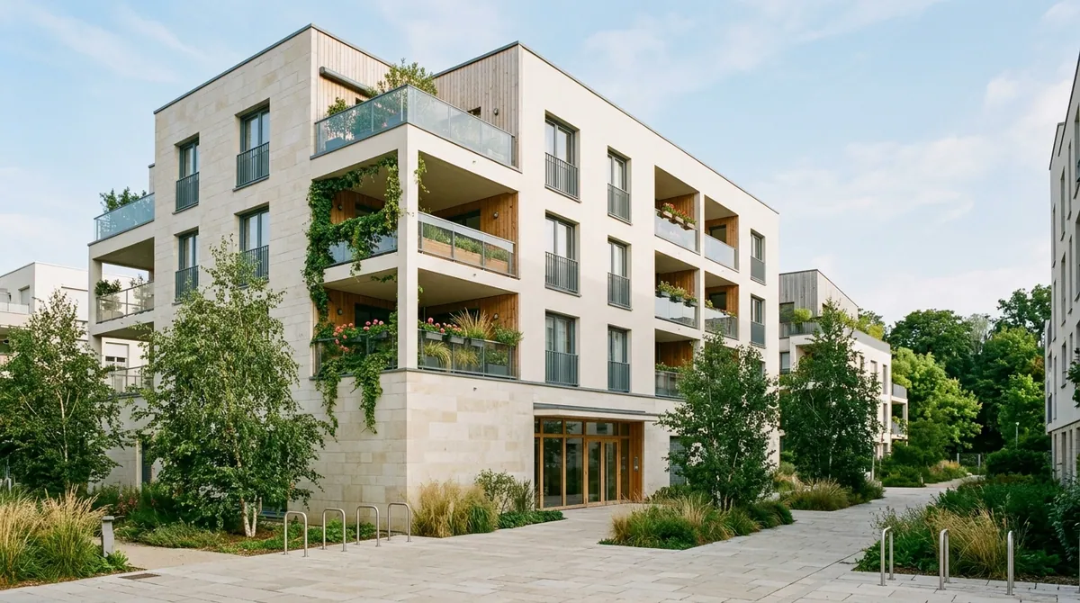 Éligibilité au prêt à taux zéro — immeuble résidentiel collectif neuf achevé dans un écoquartier français au soleil du matin.