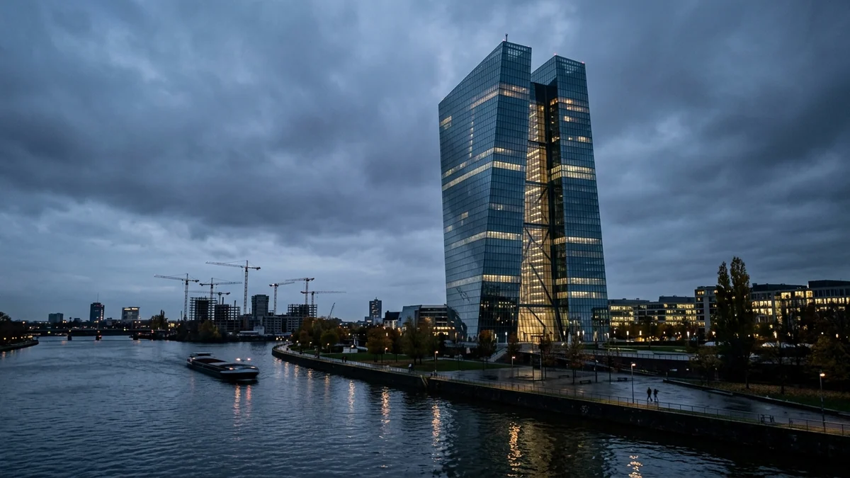 Prêts aux entreprises dans la zone euro — tour architecturale vitrée au bord de l'eau à Francfort et silhouette de grues au crépuscule.