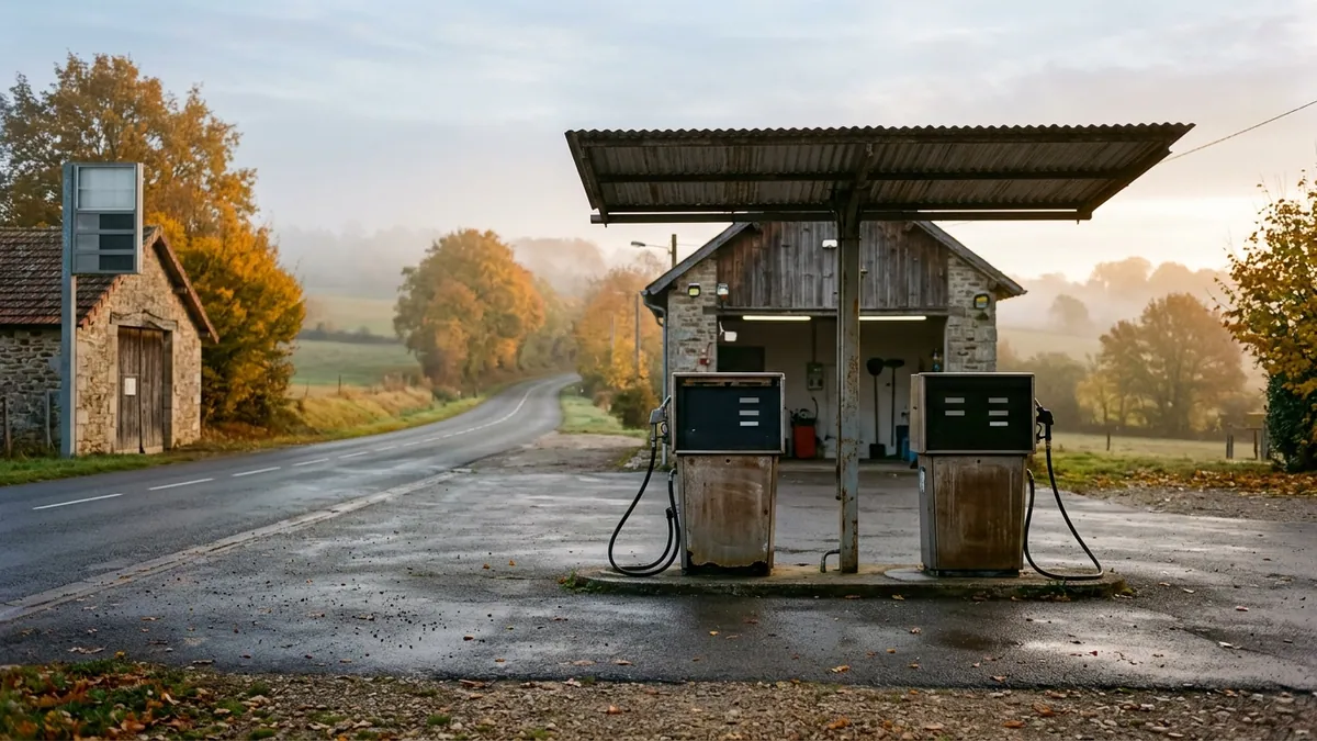 Prêts de trésorerie pour les petites stations — pompes à carburant sous un auvent modeste au bord d'une route départementale à l'aube.