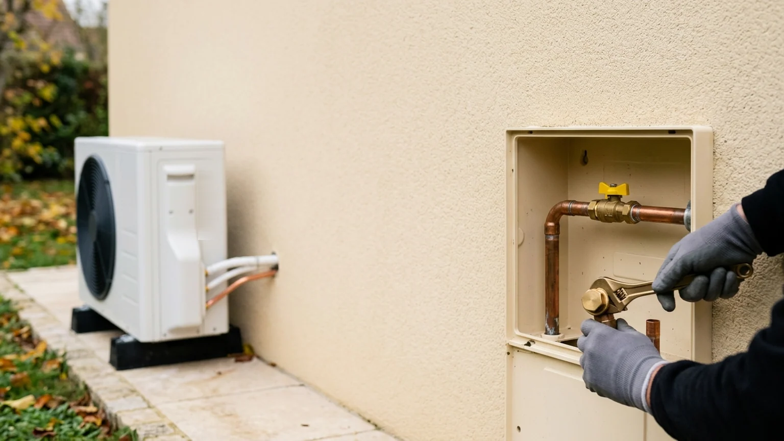 Prime pour sortir du gaz en France — mains gantées d'un technicien obturant à la clé en laiton la conduite en cuivre d'un coffret mural, près d'une unité extérieure de pompe à chaleur.