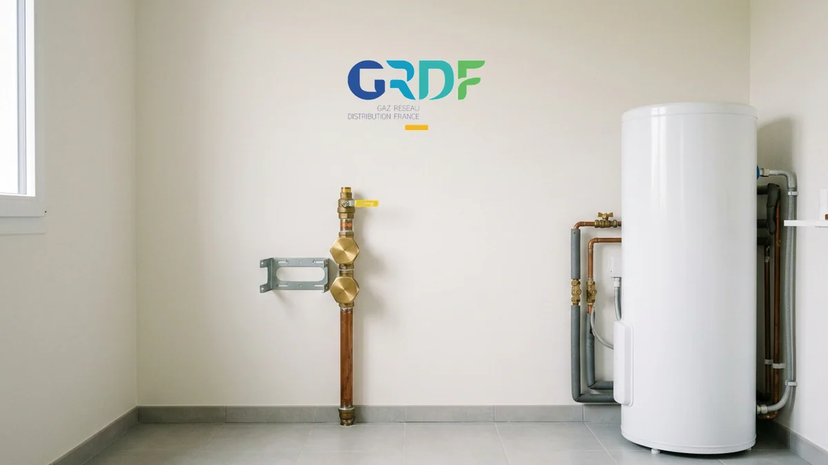 Sortir du gaz résidentiel avec GRDF — conduite d'arrivée en cuivre munie de bouchons d'obturation en laiton et support mural vide à côté d'un ballon électrique, logo officiel en haut.