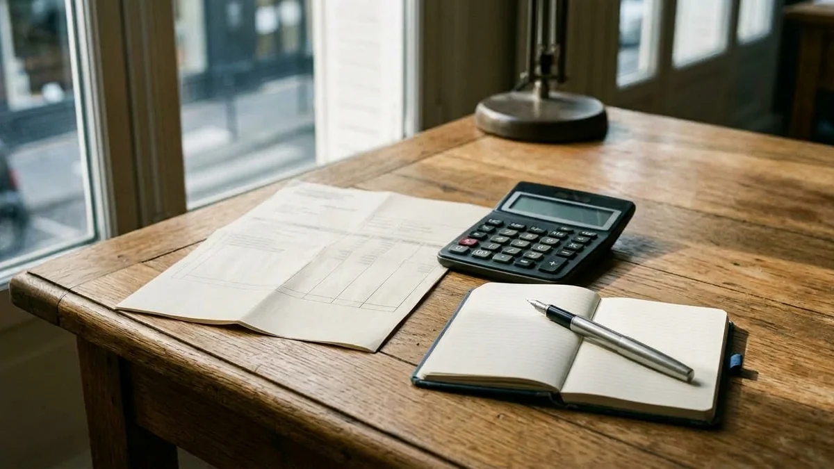 Baisse de la prime d'activité pour les salariés — bulletin de salaire, machine de bureau à touches et écran éteint, carnet ouvert et stylo sur une table en bois clair.