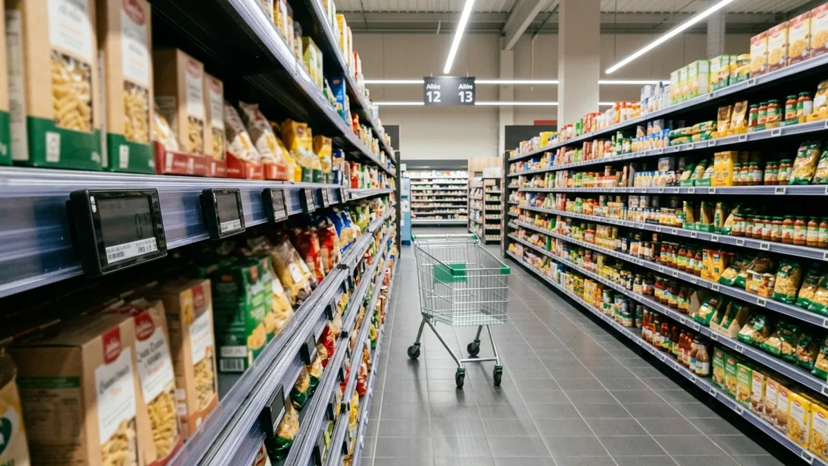 Prix alimentaires en grande distribution — rayon d'hypermarché avec étiquettes électroniques sur les linéaires et chariot de courses dans l'allée.
