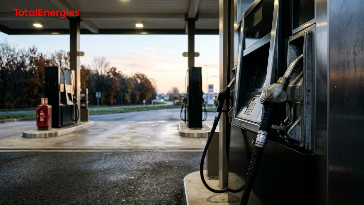 Baisse du prix du diesel chez TotalEnergies — pistolet de distribution de gazole posé sur une pompe de station-service à l'aube avec le logo officiel de l'enseigne.