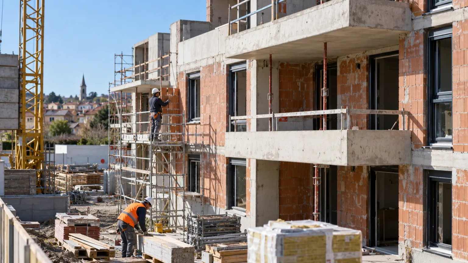 PTZ parentalité proposé pour 2027 — immeuble résidentiel familial en construction en France, avec ouvriers, briques, béton et ouvertures d’appartements.
