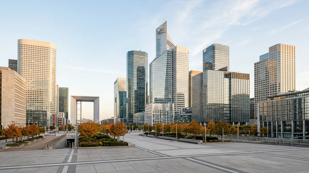 Rebond du CAC 40 à la Bourse de Paris — esplanade et tours financières de La Défense dans la lumière matinale d'octobre.