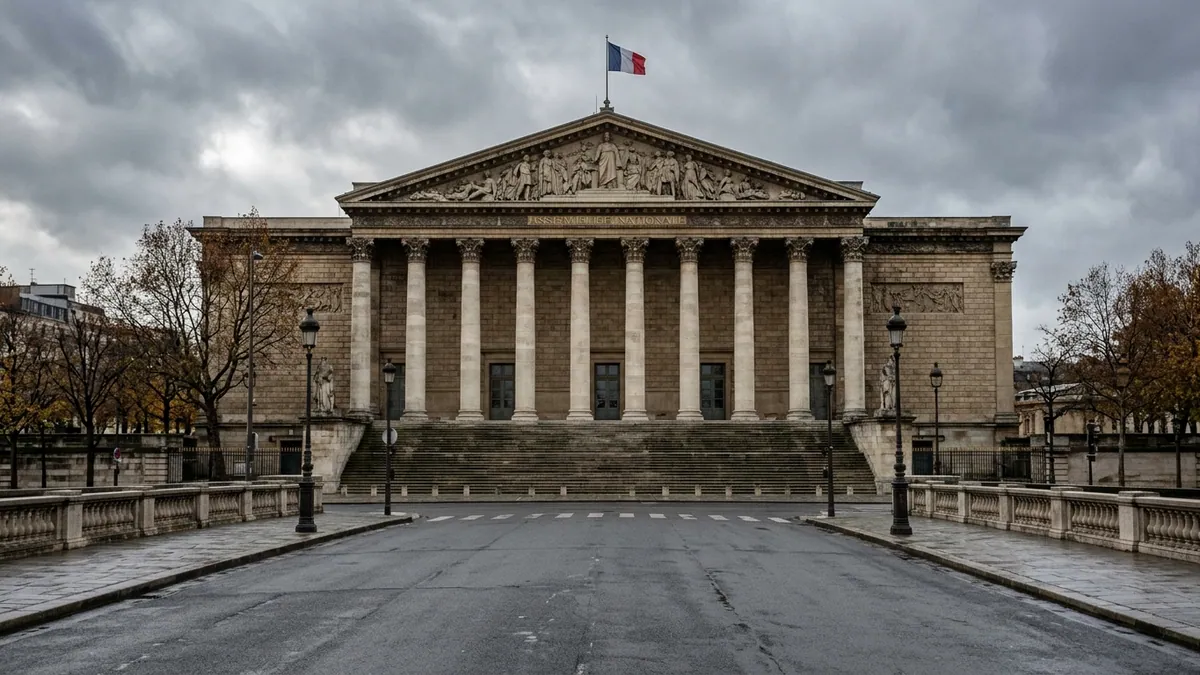 Débats sur le budget 2027 à l'Assemblée nationale — façade néoclassique du Palais Bourbon à Paris, colonnade de pierre et escalier désert sous un ciel d'automne.