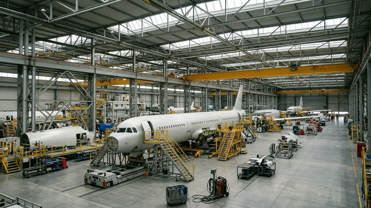 Recul du PIB français au troisième trimestre — fuselages d'avions commerciaux sur des bâtis d'assemblage dans un grand hangar industriel aéronautique.