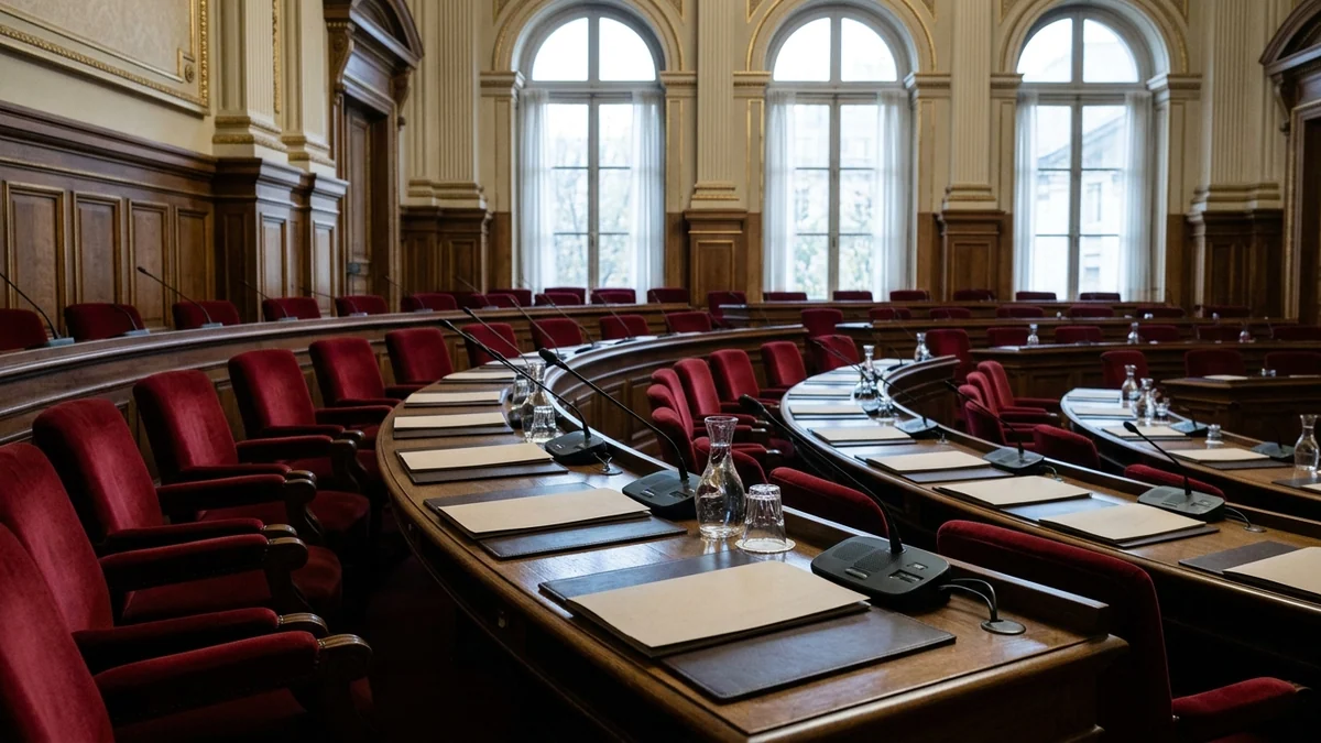 Réforme de l'apport-cession à l'Assemblée nationale — rangées de pupitres parlementaires en bois, micros de table et dossiers posés dans la salle de commission déserte.