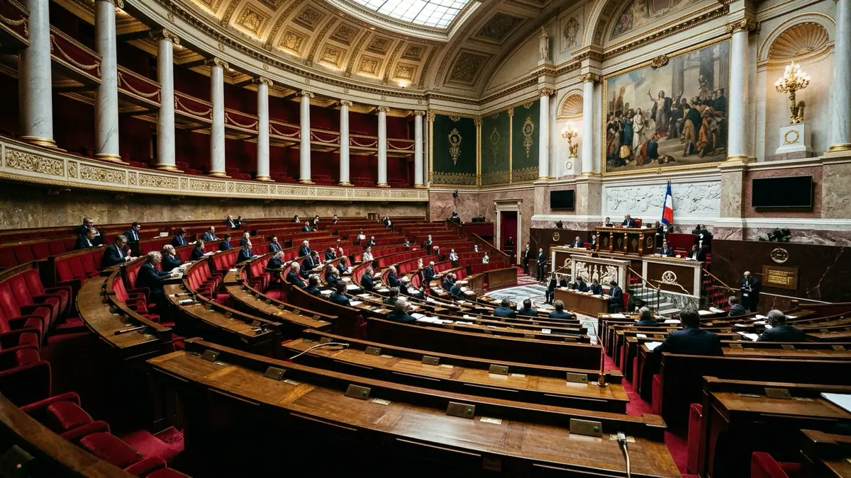 Débats sur le budget de la Sécurité sociale à l'Assemblée nationale — hémicycle du Palais-Bourbon avec travées en velours rouge, pupitres en acajou et colonnes néoclassiques sous une lumière solennelle.