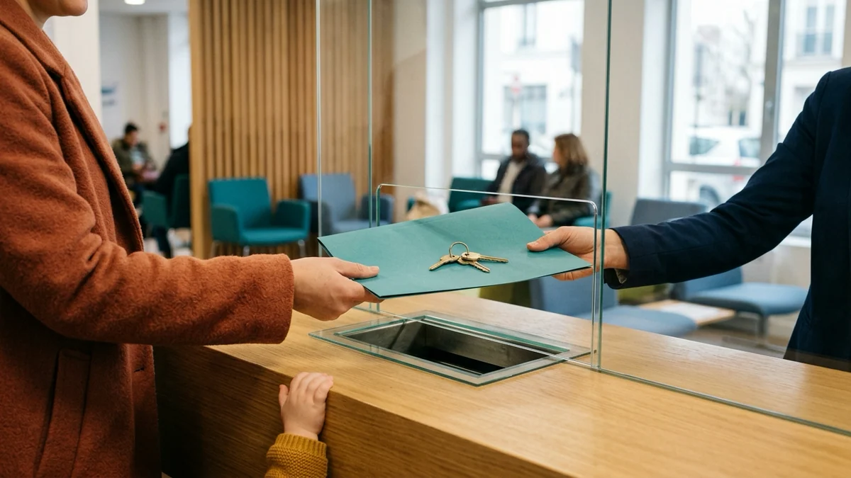 Rejet de la carence d'un an sur les aides sociales aux étrangers — remise d'un dossier et de clés de logement au guichet vitré d'un accueil public en présence d'un enfant.