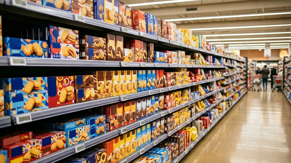 Taxe sur les produits sucrés écartée par l'Assemblée — rayon de supermarché garni de paquets de biscuits et de viennoiseries industrielles sous un éclairage franc.