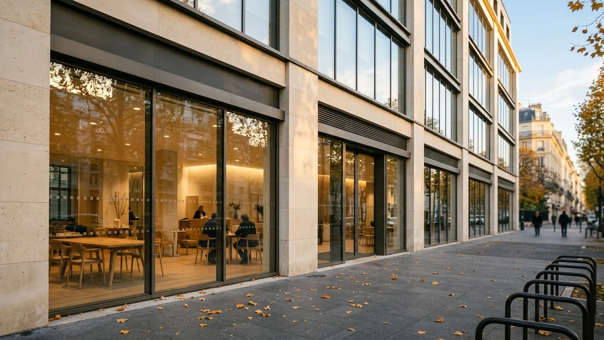 Revalorisation de la retraite complémentaire Agirc-Arrco — façade vitrée contemporaine et hall d'un immeuble de bureaux parisiens sous la lumière matinale d'octobre.