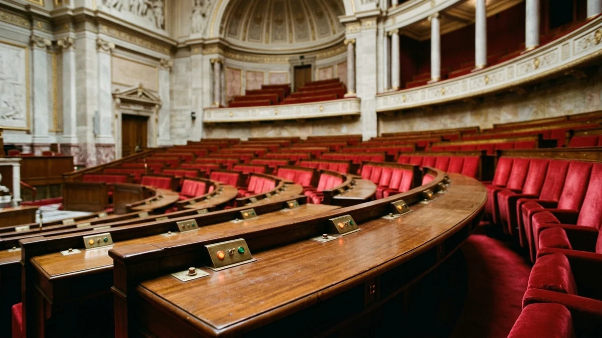 Retraite et débat budgétaire à l'Assemblée nationale — rangées de pupitres en acajou et fauteuils en velours rouge dans l'hémicycle du Palais Bourbon, boîtiers de vote sous lumière zénithale.