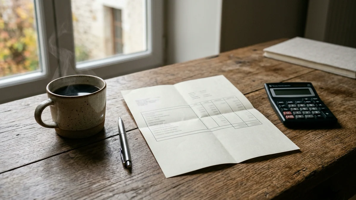 Revalorisation du Smic en France — bulletin de paie plié posé sur une table en bois avec une tasse de café, un stylo et une calculatrice éteinte sous une lumière matinale.