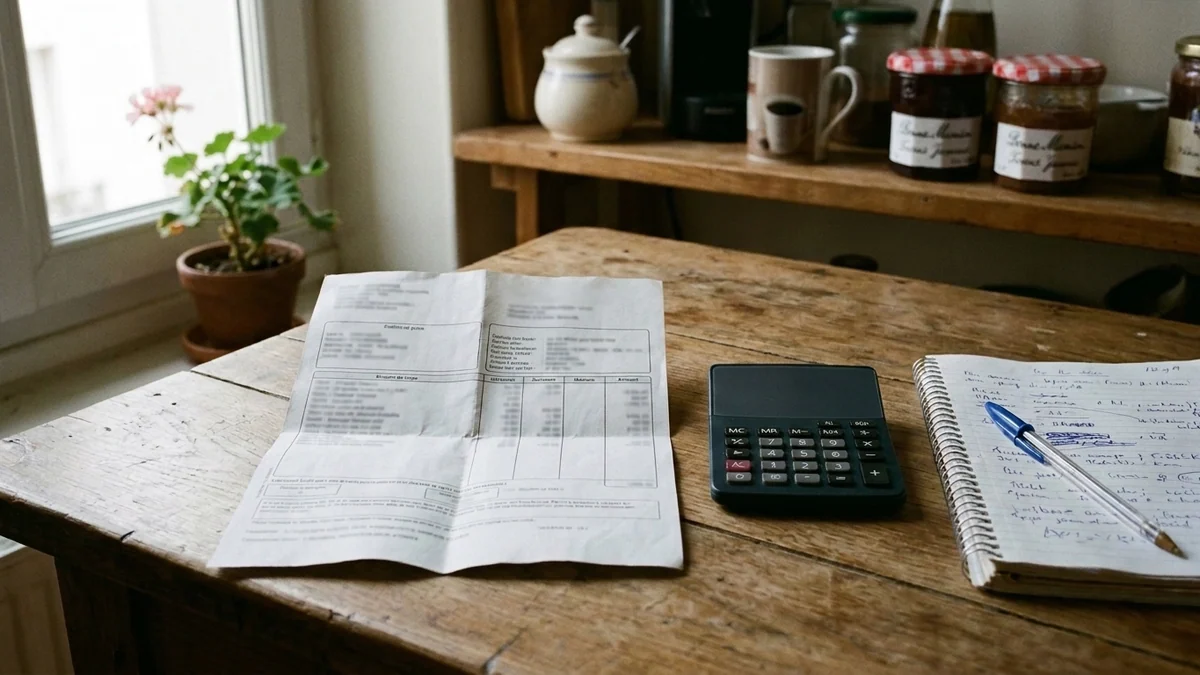 Salaire minimum et pouvoir d'achat des salariés — feuille de paie dépliée sur une table en bois aux côtés d'une calculatrice à écran éteint et d'un stylo.