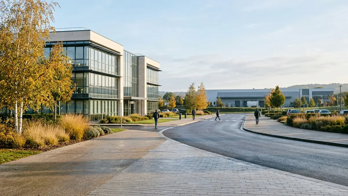 Salaires du secteur privé en France — parvis d'un parc d'activités au matin, façades vitrées de bureaux et atelier logistique.