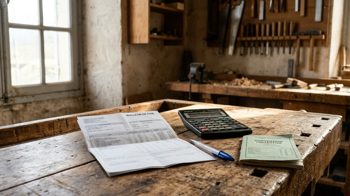 Salaires sous le Smic dans les branches professionnelles — bulletin de paie anonyme et calculatrice posés sur l'établi en bois d'un atelier artisanal français.