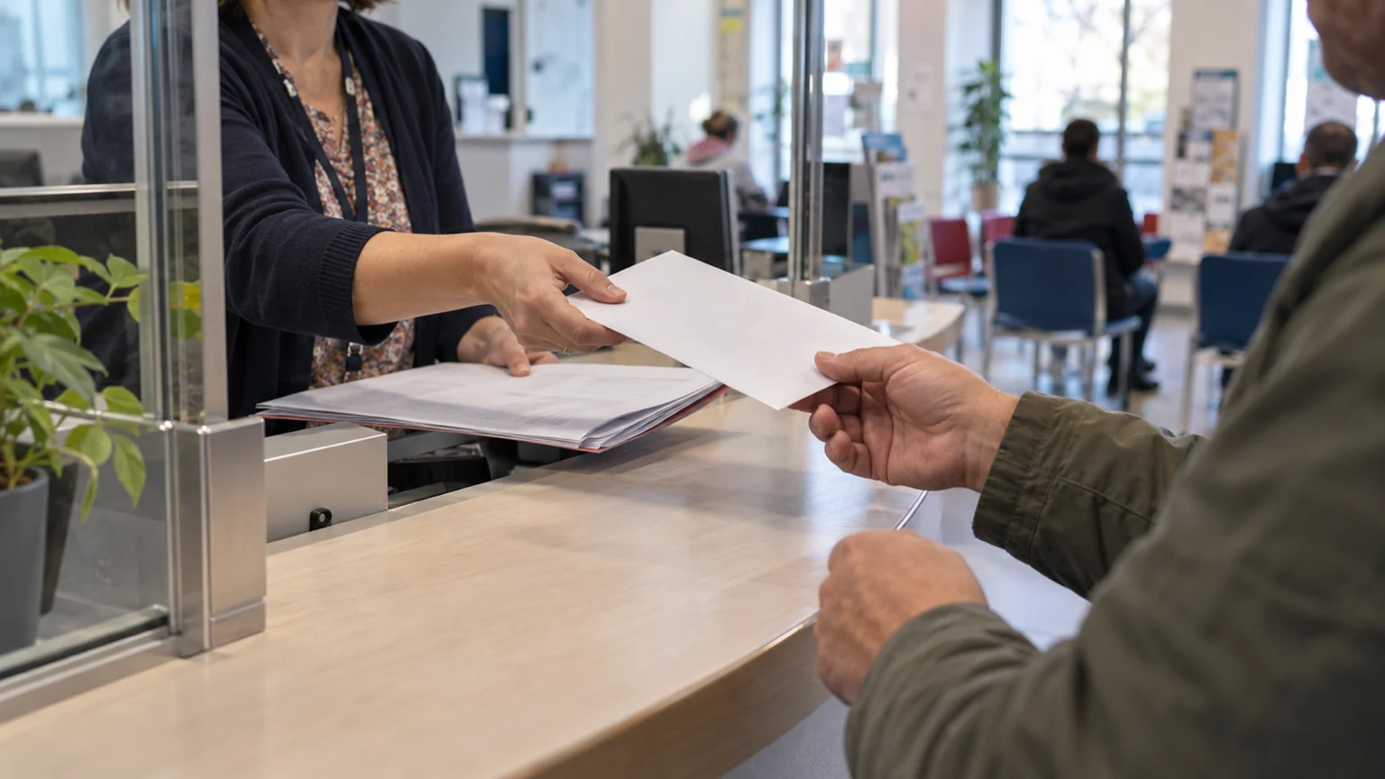 Sanctions du RSA en France — comptoir de service public où un agent remet une notification administrative à une personne, dossier aux pages illisibles et salle d’attente en profondeur.