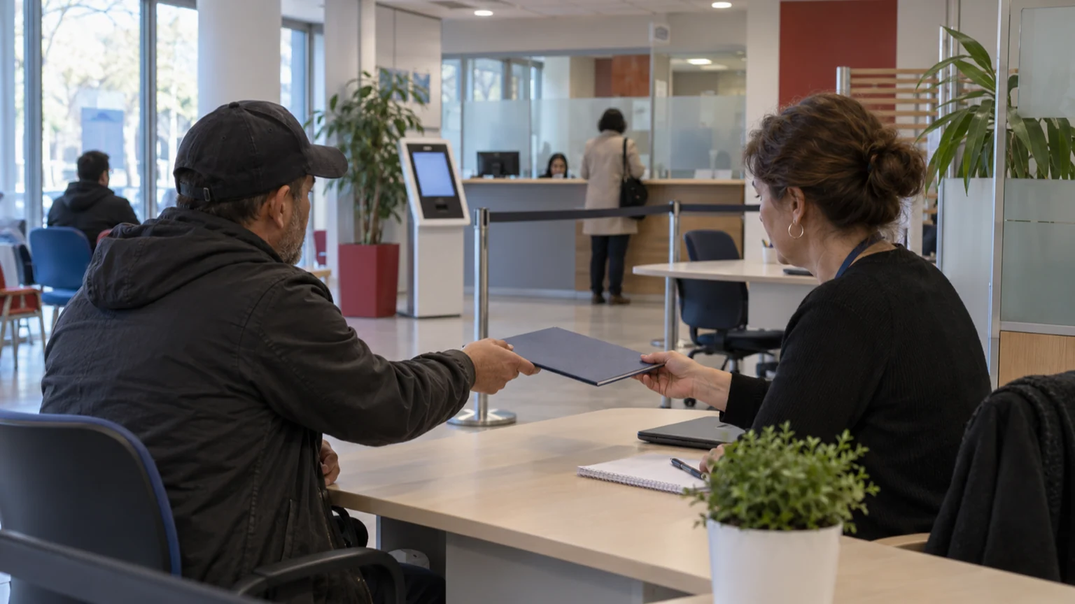 Sanctions du RSA et accompagnement vers l’emploi — accueil français de service public où une personne remet un dossier fermé à un conseiller, avec borne d’orientation et comptoir vitré derrière.