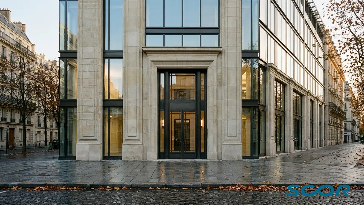 Bénéfice trimestriel du réassureur SCOR — façade contemporaine en pierre de taille et verre d'un siège financier à Paris sous la lumière d'automne et logo officiel incrusté en bas à droite.