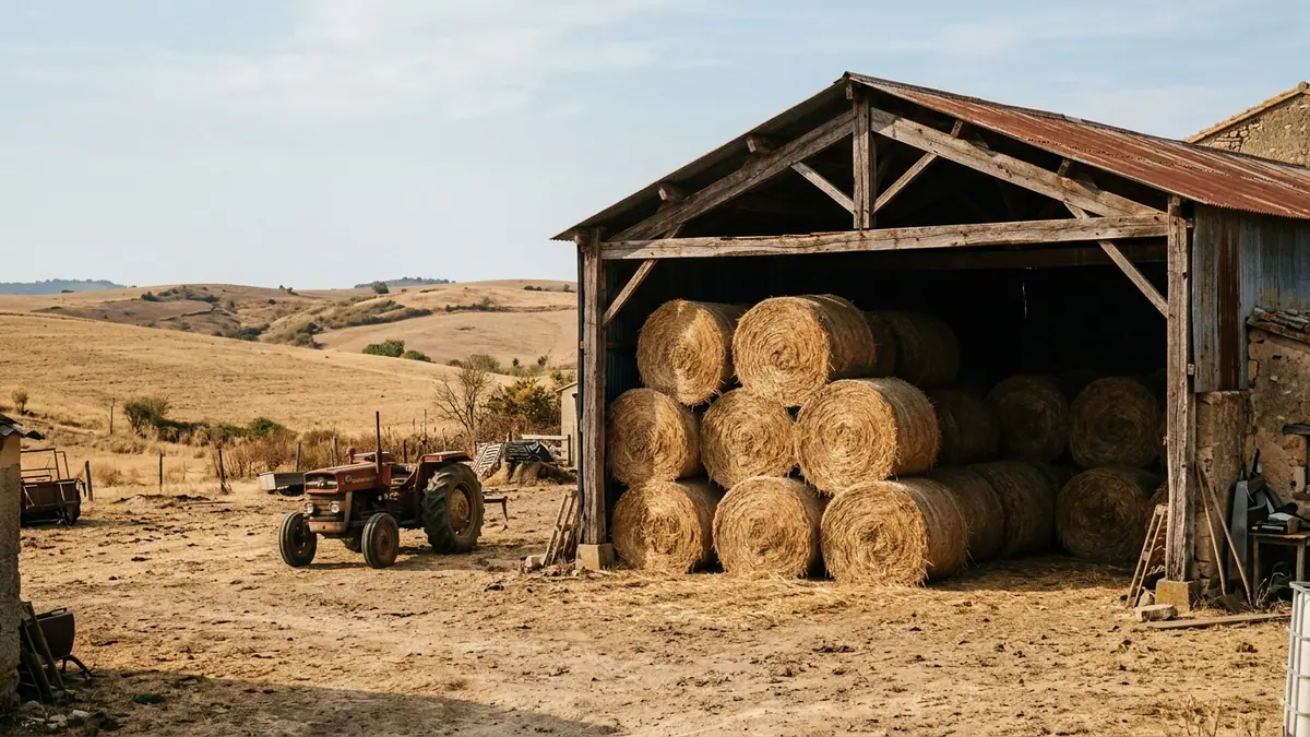 Sécheresse et trésorerie des exploitations — hangar agricole abritant des balles de foin empilées et un tracteur dans une cour aride.