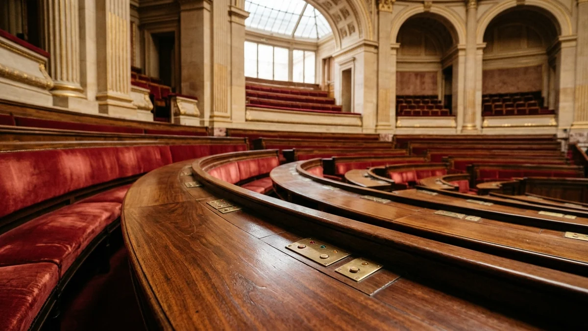 Sécurité sociale et débat budgétaire à l'Assemblée nationale — rangées de pupitres en acajou et fauteuils en velours rouge dans l'hémicycle du Palais-Bourbon avec boîtiers de vote.