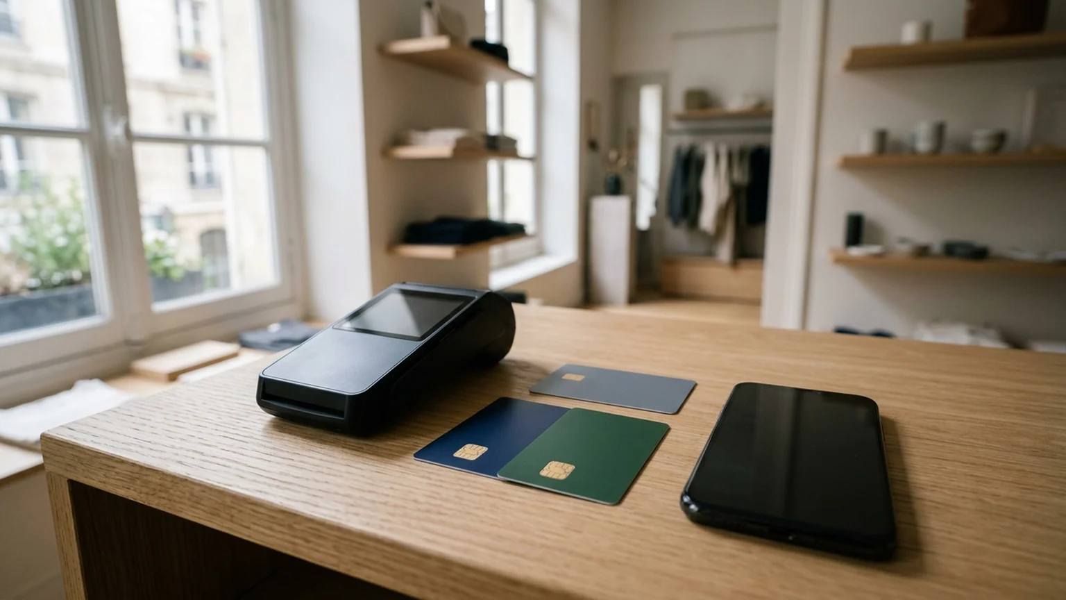 Rachat de Treezor par Shares — terminal de paiement électronique, cartes bancaires sans contact aux puces dorées et smartphone sur un comptoir en bois clair.