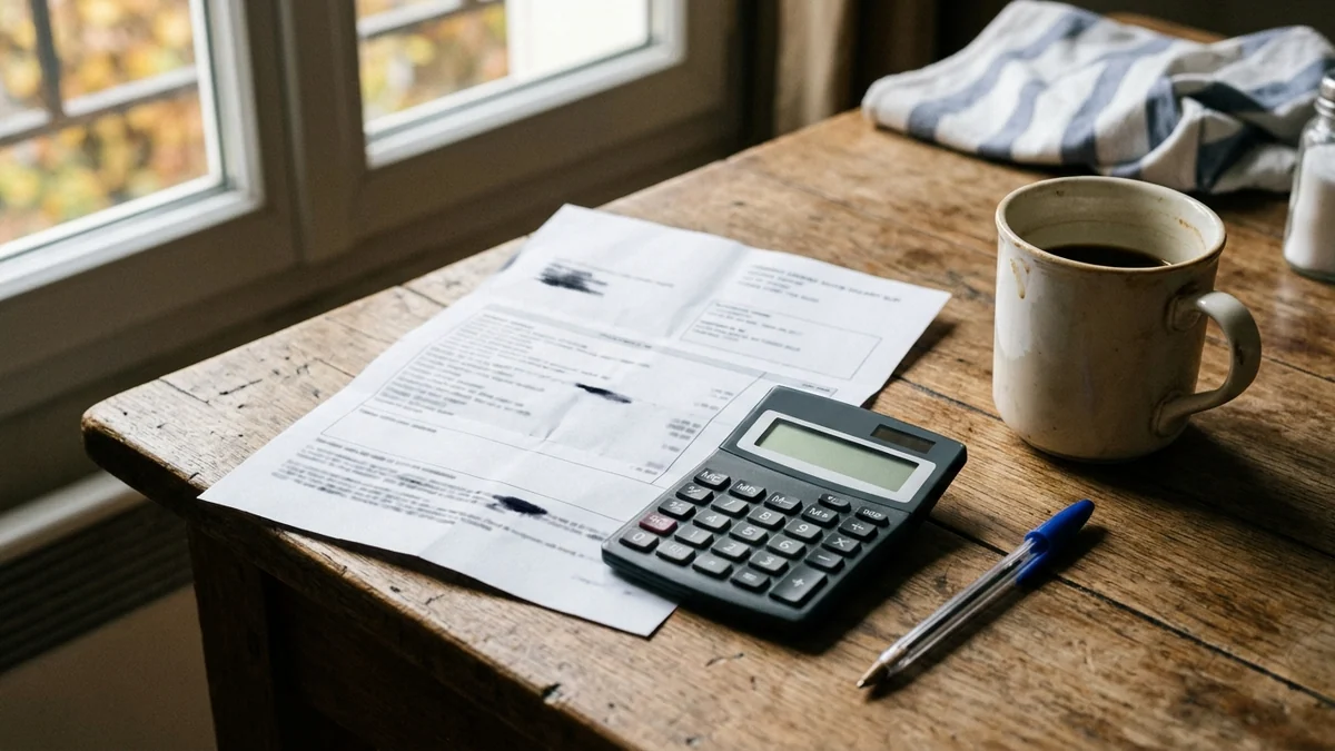 Revalorisation anticipée du Smic — bulletin de paie plié, calculatrice de bureau et tasse de café sur une table en bois baignée de lumière matinale.