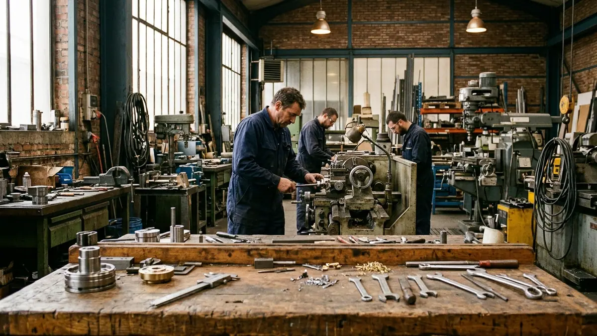 Hausse du Smic et coût salarial pour les entreprises — atelier de fabrication mécanique avec outillage sur établi et ouvriers à leurs postes sous lumière d'atelier.