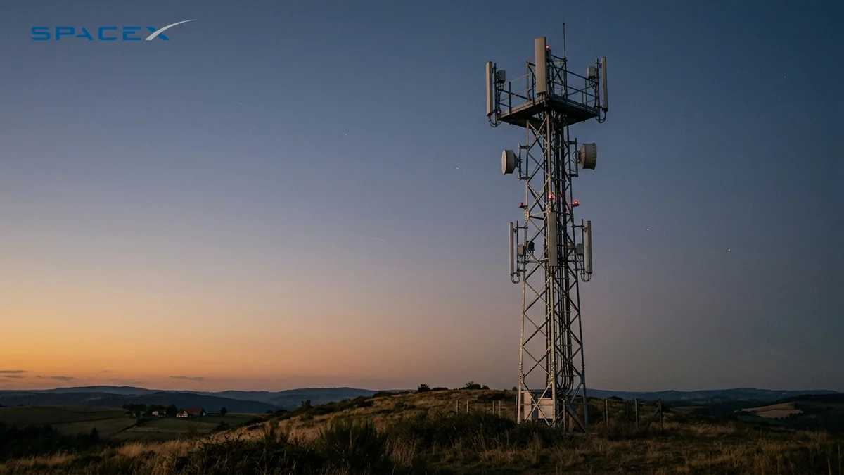 Offensive de SpaceX dans la téléphonie mobile — pylône métallique de télécommunication avec antennes relais et paraboles au crépuscule, logo officiel en haut à gauche.