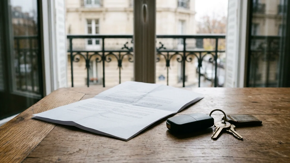 Surprime légale sur les contrats d'assurance — feuillet imprimé plié, clé de voiture moderne et clés métalliques posés sur une table en bois.