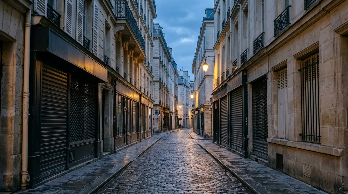 Protection des commerces contre les émeutes — devantures de boutiques aux rideaux métalliques le long d'une rue pavée de centre-ville au petit matin.