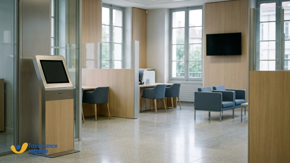 Afflux de départs à l'Assurance retraite — hall d'accueil administratif aux comptoirs en bois clair, borne tactile et logo officiel de l'organisme.