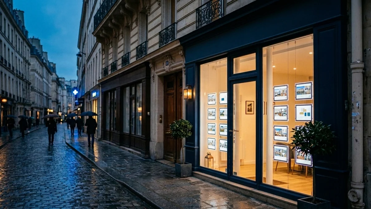 Taux du crédit immobilier en France — vitrine d'agence éclairée en fin d'après-midi d'automne, vitres translucides, affichages suspendus sans texte et reflets sur les pavés parisiens.