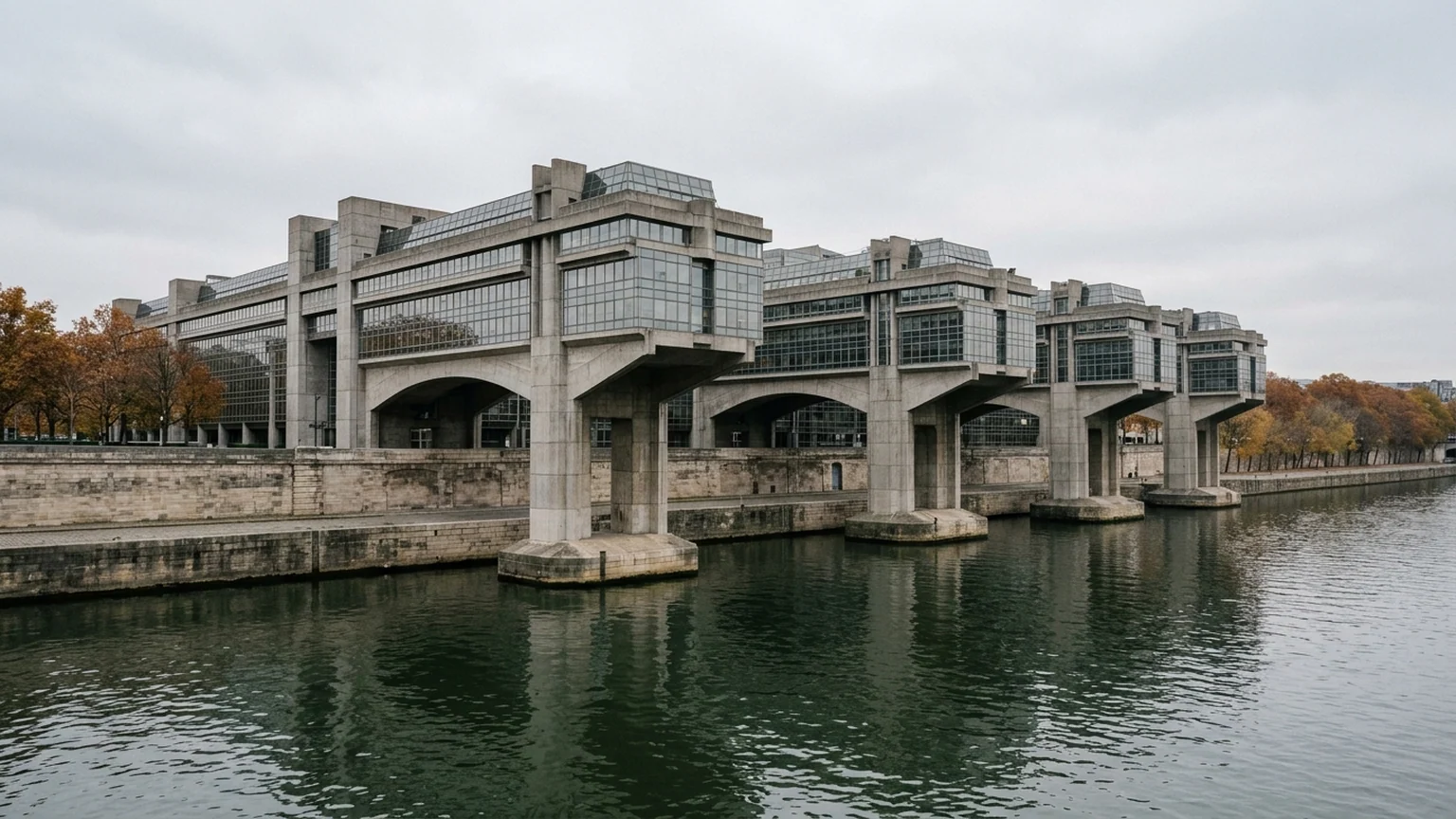 Dette de l'État français et contraintes budgétaires — arches en béton du ministère de l'Économie à Bercy surplombant la Seine sous un ciel gris d'automne.