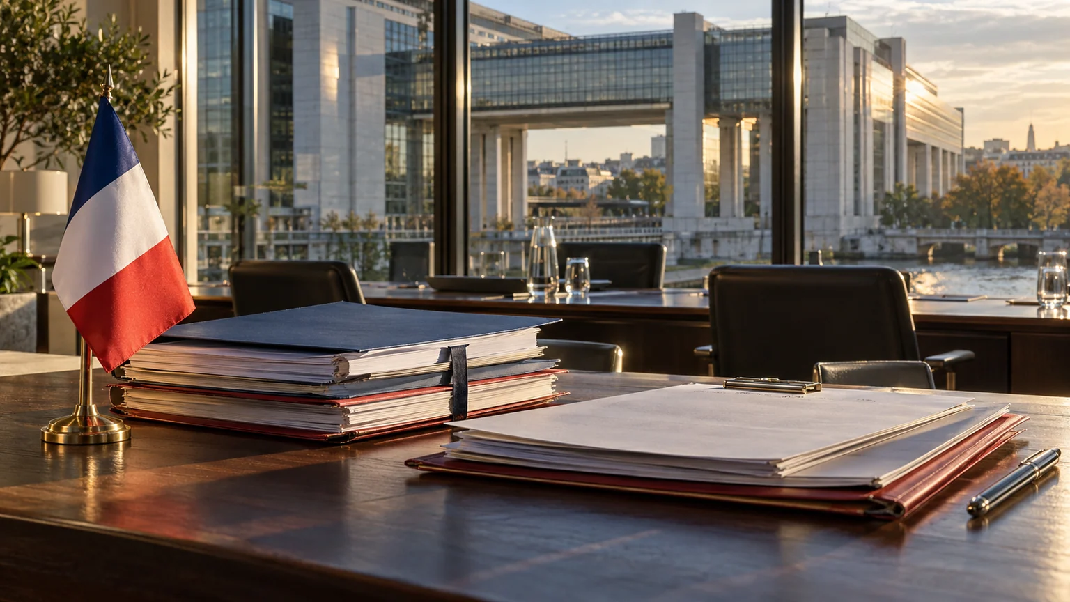 Taux de la dette française à dix ans — drapeau tricolore et dossiers vierges sur une table institutionnelle face à l’architecture de Bercy.